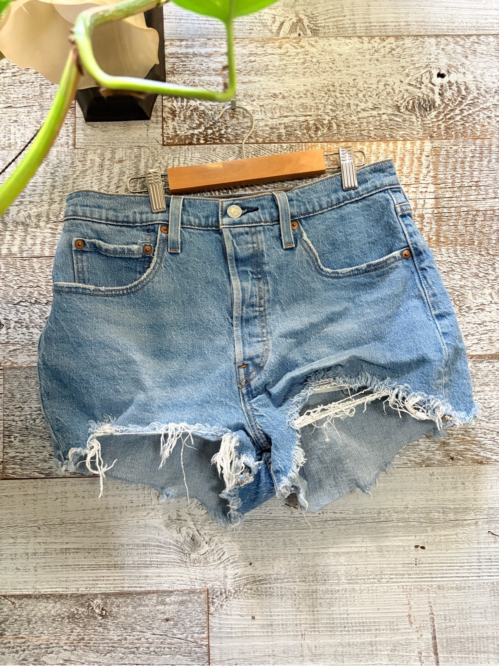 Classic 501 Distressed High-Rise Light Wash Denim Button-Up Shorts - Women's 29